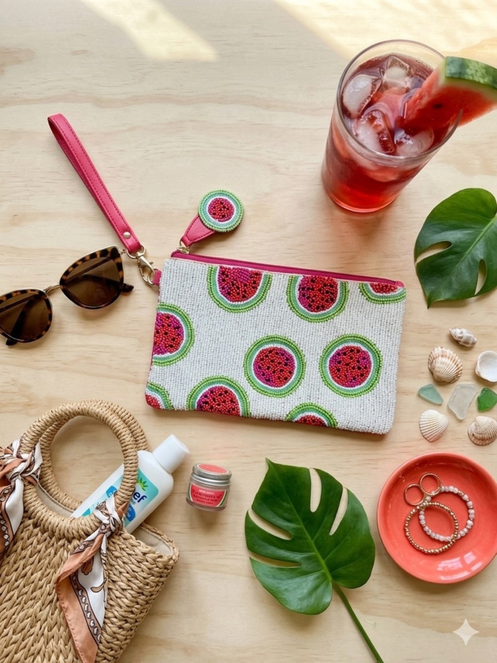 Chico's Pink & Green Watermelon Fruit Beaded Boho Wristlet Clutch Summer Fun - Picture 12 of 12